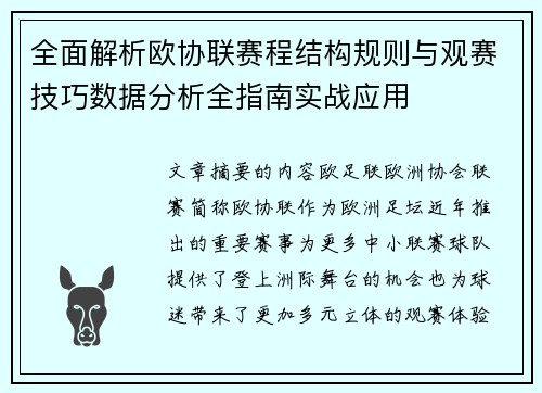 全面解析欧协联赛程结构规则与观赛技巧数据分析全指南实战应用